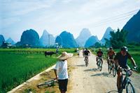 Cycling in rural villages in Yangshuo, China.